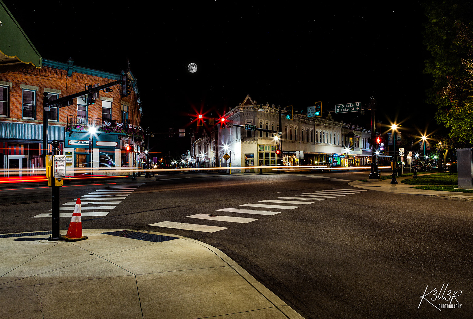 downtown North east at night with a light trail